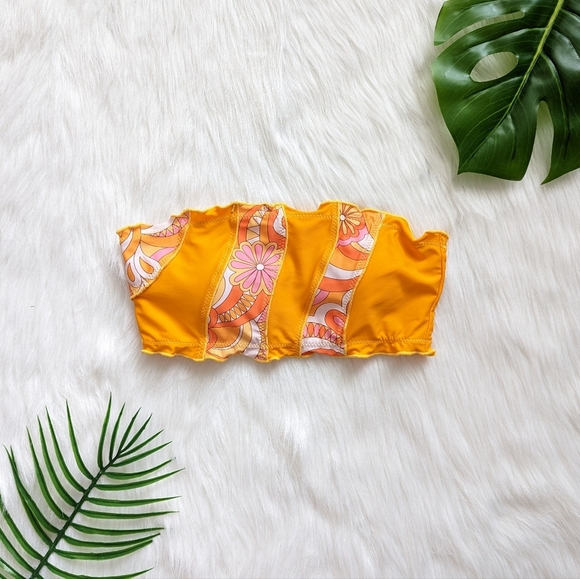 Orange pink & white abstract color block floral strapless bikini top size M L - Picture 1 of 5